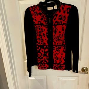 Chico Jacket Size 2 Bust 44”.  Rayon Spandex.  Red Cheetah & Black.